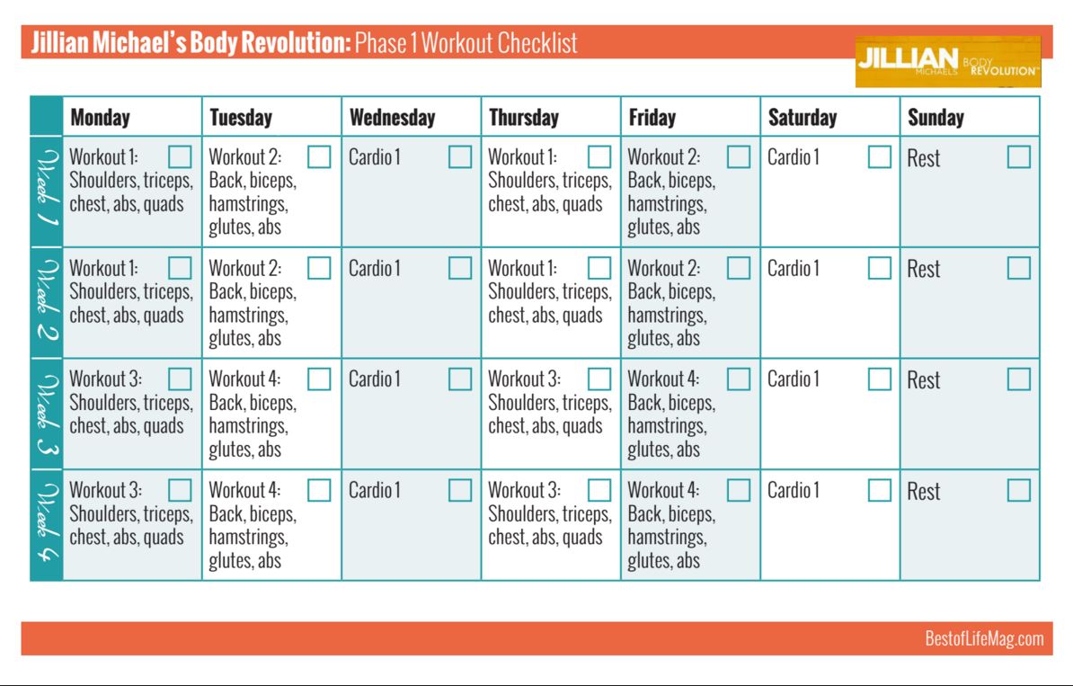 Jillian Michaels Body Revolution Printable Workout Checklist Phase 1 