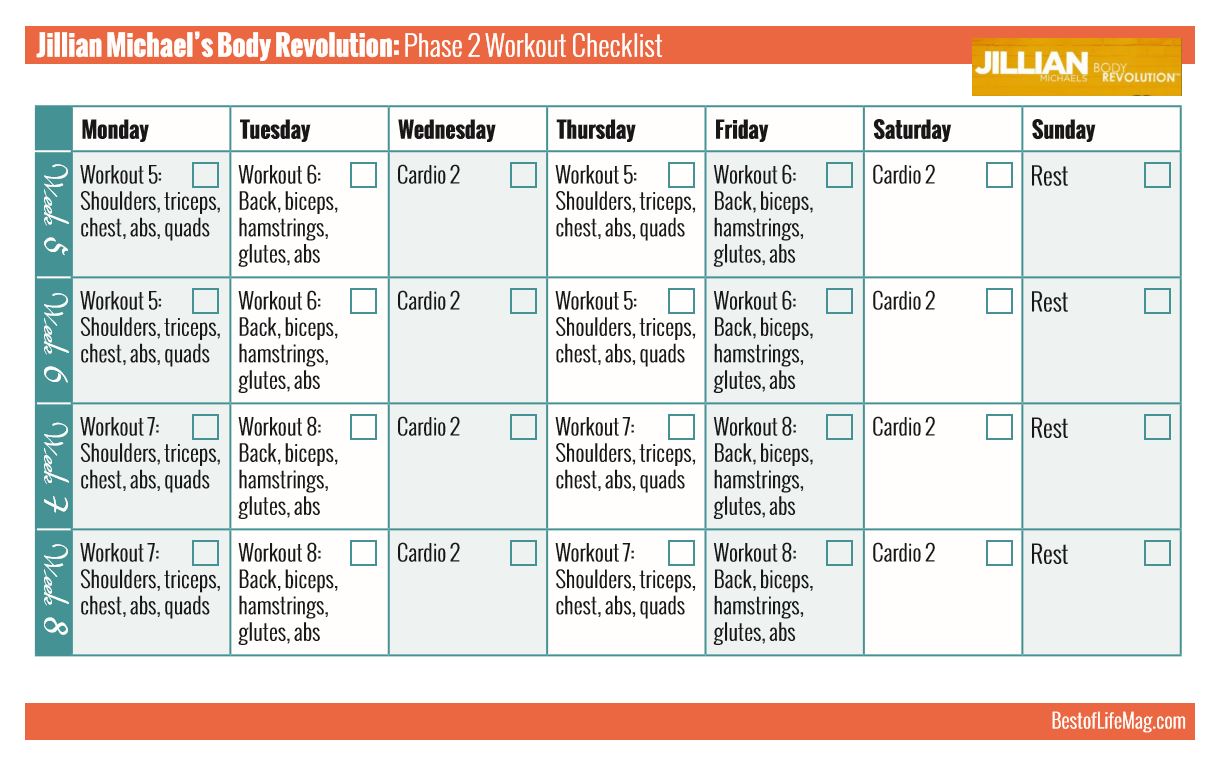 Jillian Michaels Workout Rotation Printable Checklist Body Revolution