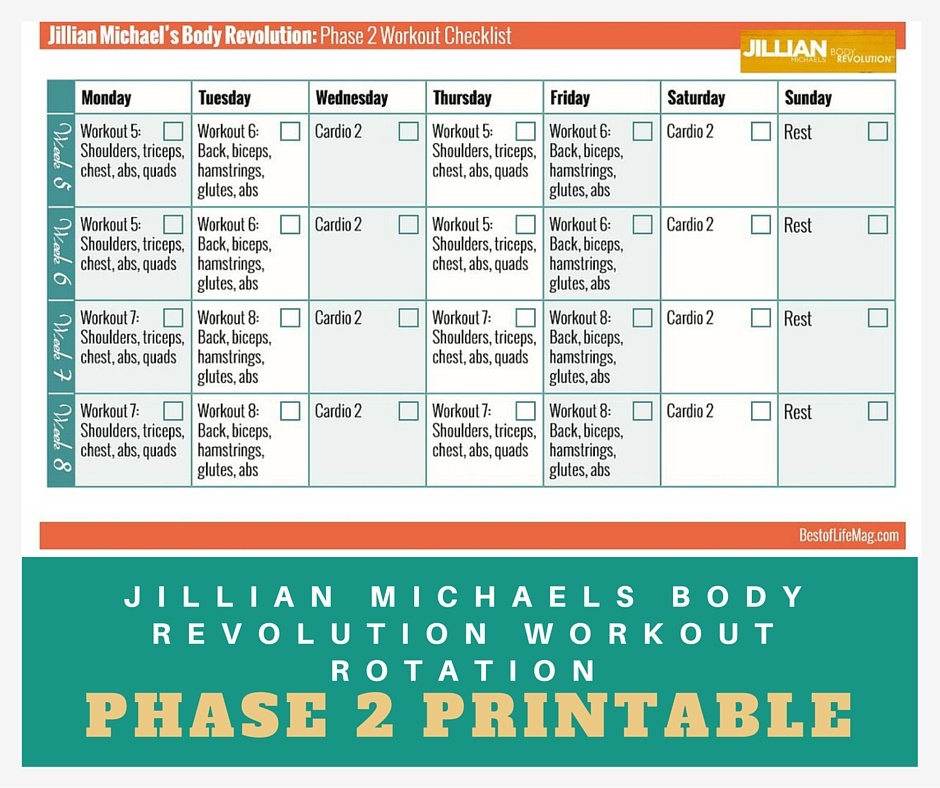 Jillian Michaels Workout Rotation Printable Checklist Body Revolution