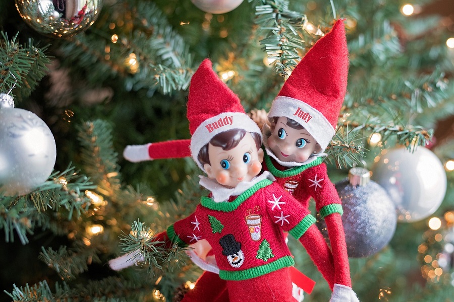 Introduce Elf on the Shelf Two Elves Sitting in a Christmas Tree