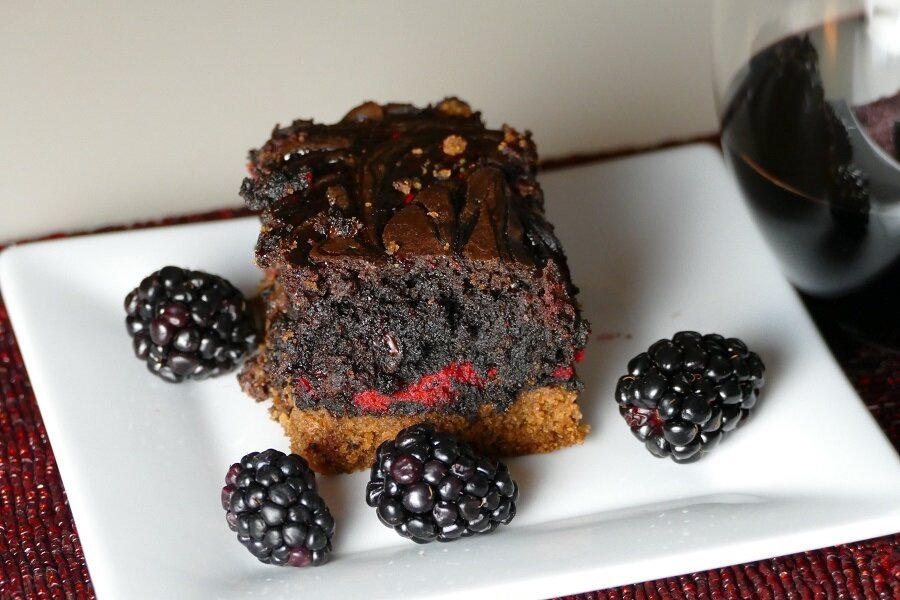 4th of July Recipes Close Up of a Brownie with Blackberries