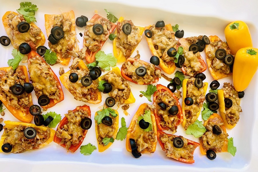Bite Sized Snacks to Nibble On Overhead of a Tray of Bell Pepper Nachos