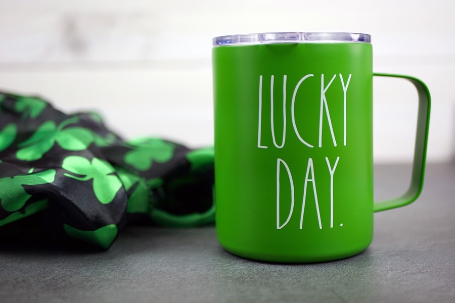 Green Drinks For Kids and Adults Close Up of a Green Cup That Says Lucky Day