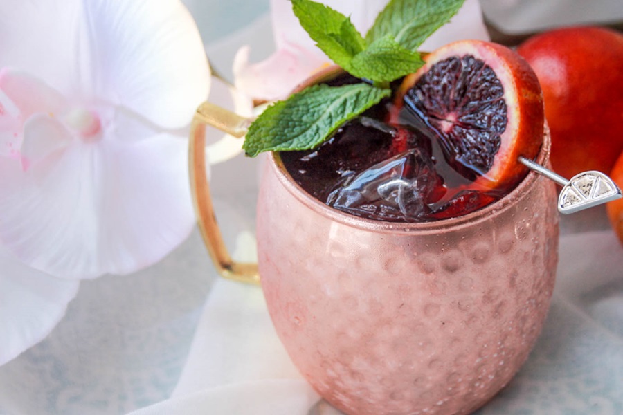 Blood Orange Moscow Mule Recipe for Pool Parties Close Up of a Blood Orange Moscow Mule