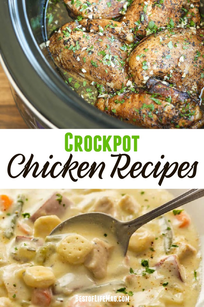 Save time in the kitchen with these crockpot chicken recipes! They are perfect weeknight meals or as holiday recipes that can be made quickly. Crockpot Chicken and Dumplings | Slow Cooker Chicken Noddle Soup | Crockpot Recipes with Chicken | Chicken Tacos Slow Cooker | Chicken Pot Pie Crockpot | Easy Crockpot Dinner Recipes | Chicken Recipes for Dinner | Meal Planning Chicken Recipes #chicken #crockpot 