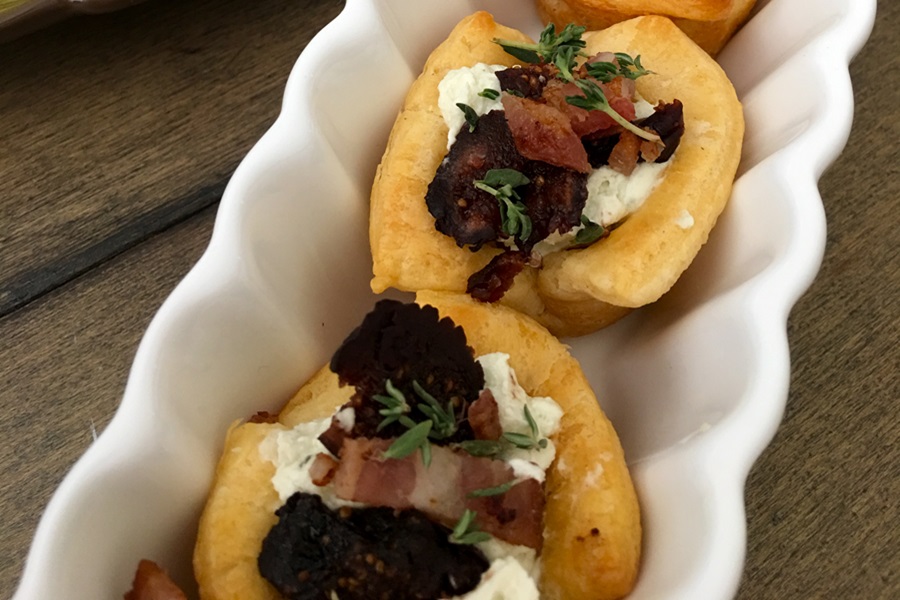 Close Up of Pastry Cups with Bacon and Cheese Recipe on a Long Serving Tray