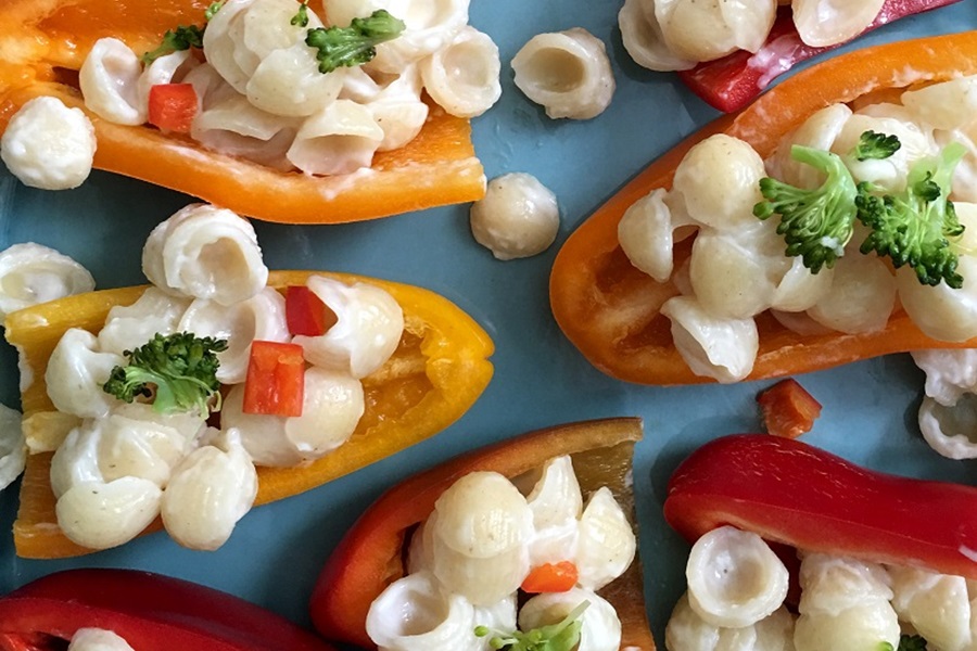 Macaroni and Cheese Snacks with Bell Peppers Close Up of Nachos