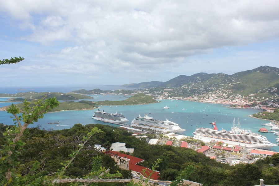 US Virgin Islands vs British Virgin Islands View of Cruise Ships in a Bay on an Island