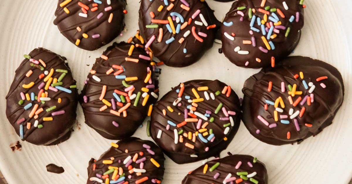 Dairy Free Easter Candy Close Up of Dairy Free Easter Eggs with Vegan Coconut Cremes Covered in Rainbow Sprinkles