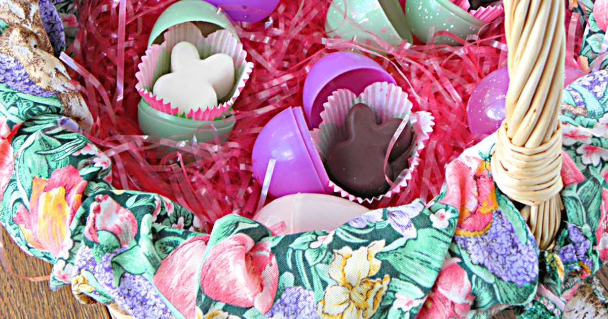 Dairy Free Easter Candy Sugar Free Dairy Free Chocolate Easter Bunny Candy in Plastic Easter Eggs in a Pink Easter Basket