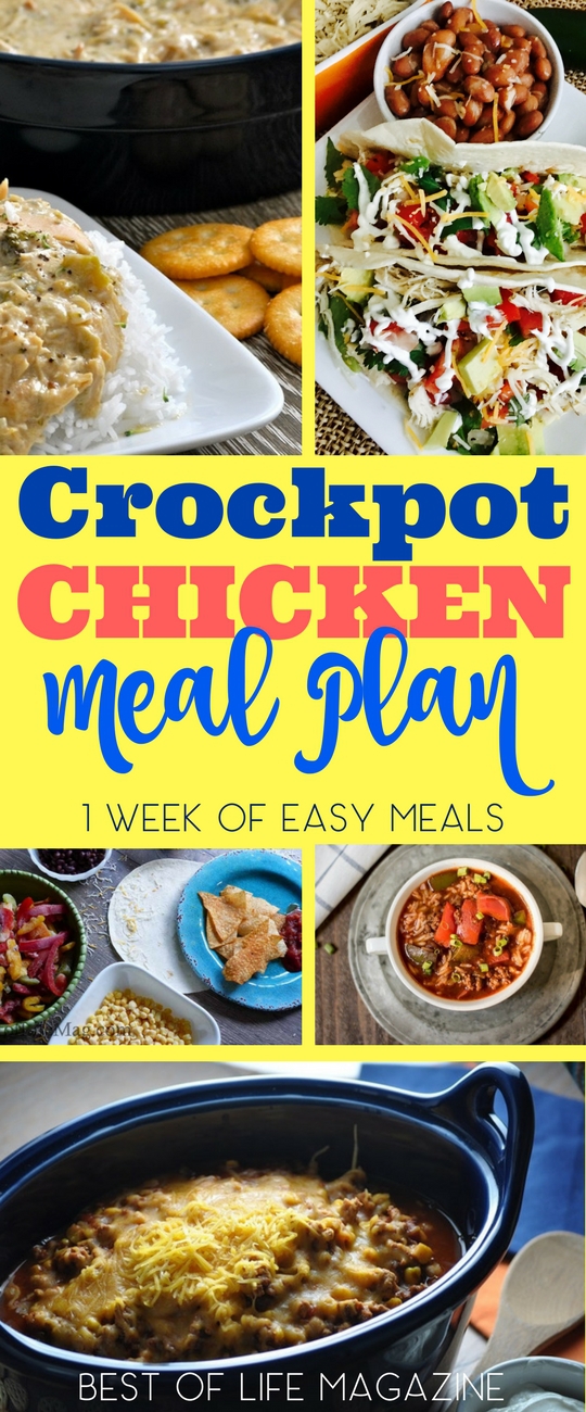 For one whole week, you can use different crockpot chicken recipes to fill out your week meal plan and have the answer to what’s for dinner? Crockpot Chicken Recipes | Crockpot Meal Plans | Chicken Recipes | Chicken Meal Plans | Meal Planning Recipes | Weekly Meal Plans with Chicken