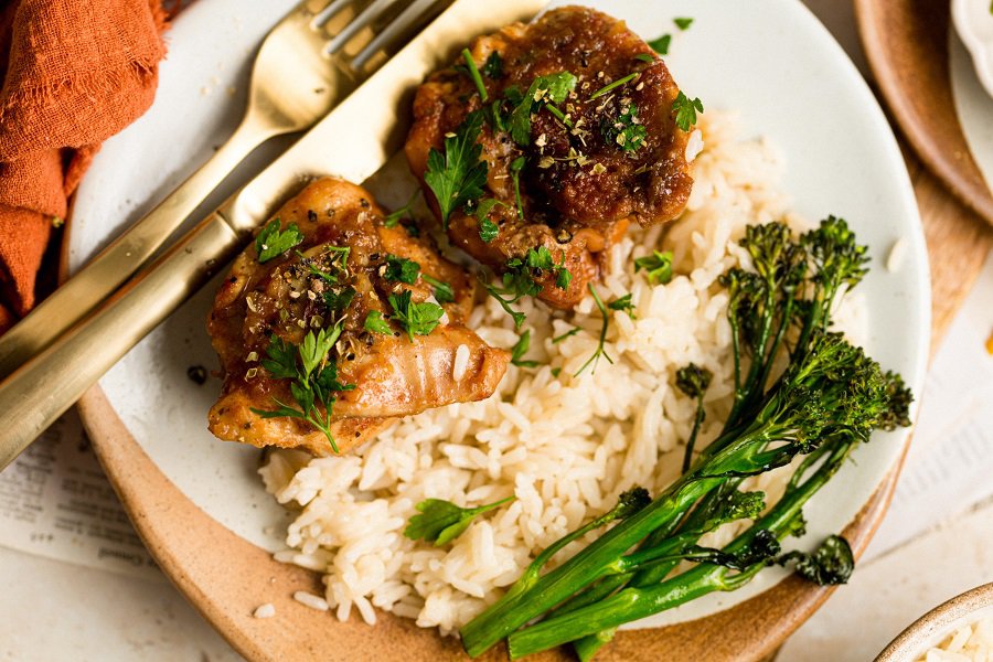Dairy Free Ketogenic Chicken Recipes Crockpot Teriyaki Chicken on a Plate with Cauliflower Rice and Broccolini