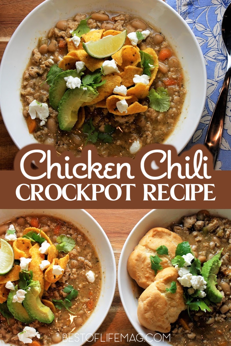 Add this crockpot chicken chili into your meal plan for easy weeknight meals. This chicken chili is perfect for large groups, football games, and parties! Crockpot Recipes | Meal Planning Recipes | Party Food | Chicken Chili | Crockpot Chili | Football Party Food via @amybarseghian