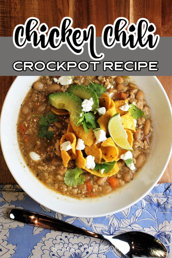 Add this crockpot chicken chili into your meal plan for easy weeknight meals. This chicken chili is perfect for large groups, football games, and parties! Crockpot Recipes | Meal Planning Recipes | Party Food | Chicken Chili | Crockpot Chili | Football Party Food via @amybarseghian