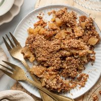 A Plate of Apple Crisp with Instant Oatmeal and Two Forks