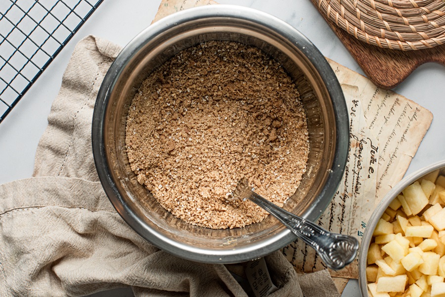 Apple Crisp with Instant Oatmeal Topping Ingredients in a Bowl