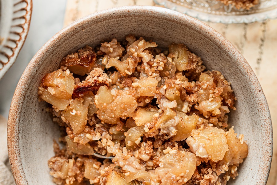 Close Up of a Small Bowl Filled with Apple Crisp with Instant Oatmeal