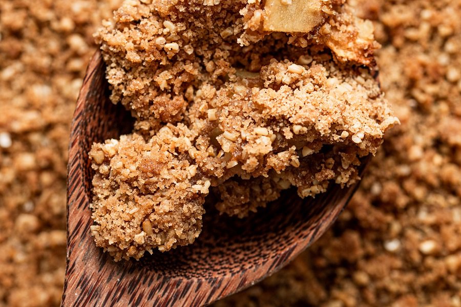 Oatmeal Apple Crisp Recipe Close Up of a Wooden Spoon Filled with Oatmeal Apple Crisp