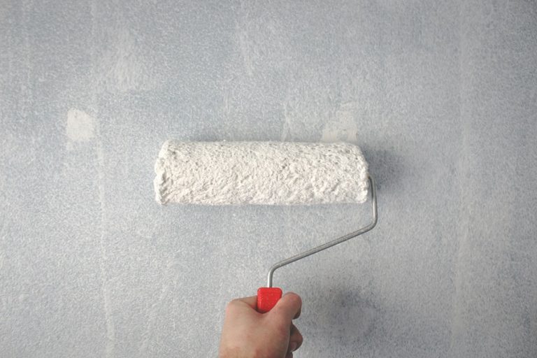 How to Paint without Tape and Paint Edges without Tools Close Up of a Roller Paintbrush Being Held Against a Gray Wall