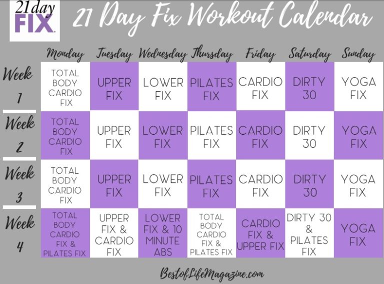 21 Day Fix Workout Calendar Printable