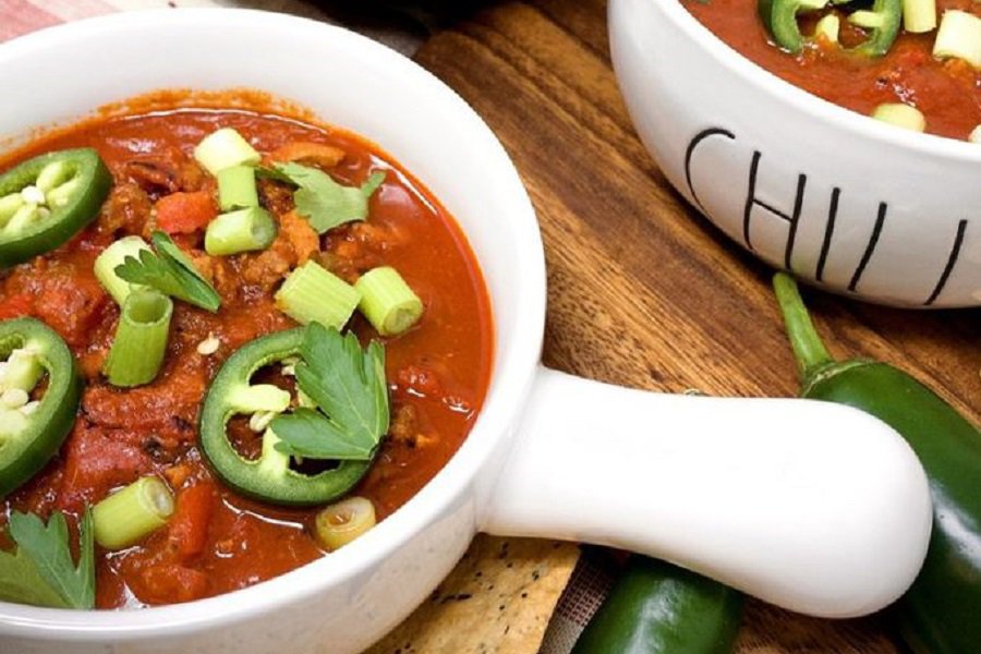 2B Mindset Recipes Two Bowls of Chili Topped with Jalapenos and Green Onions