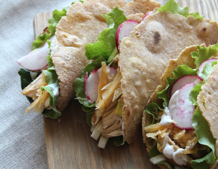 Best Crockpot Chicken Tacos Recipes Close Up of Three Chicken Tacos with Homemade Tortillas