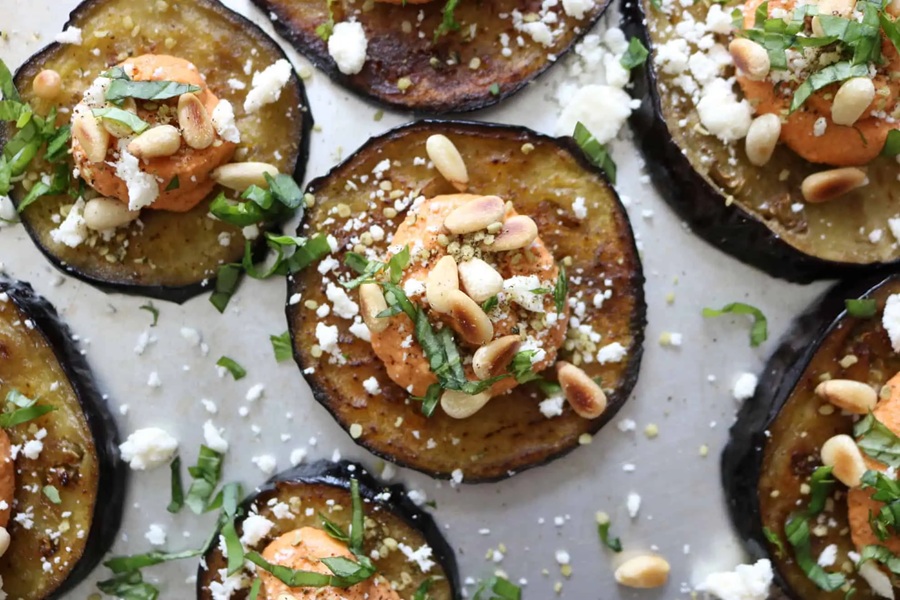 Mediterranean Eggplant Tostadas on a Baking Sheet 2B Mindset Snack Recipes