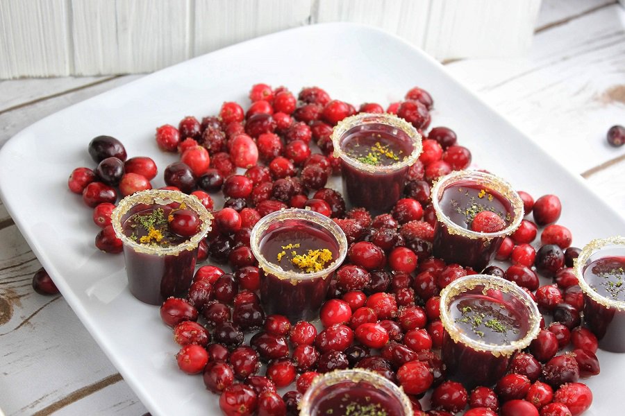 Margarita Jello Shots a Serving Tray of Cranberry Jello Shots and Cranberries
