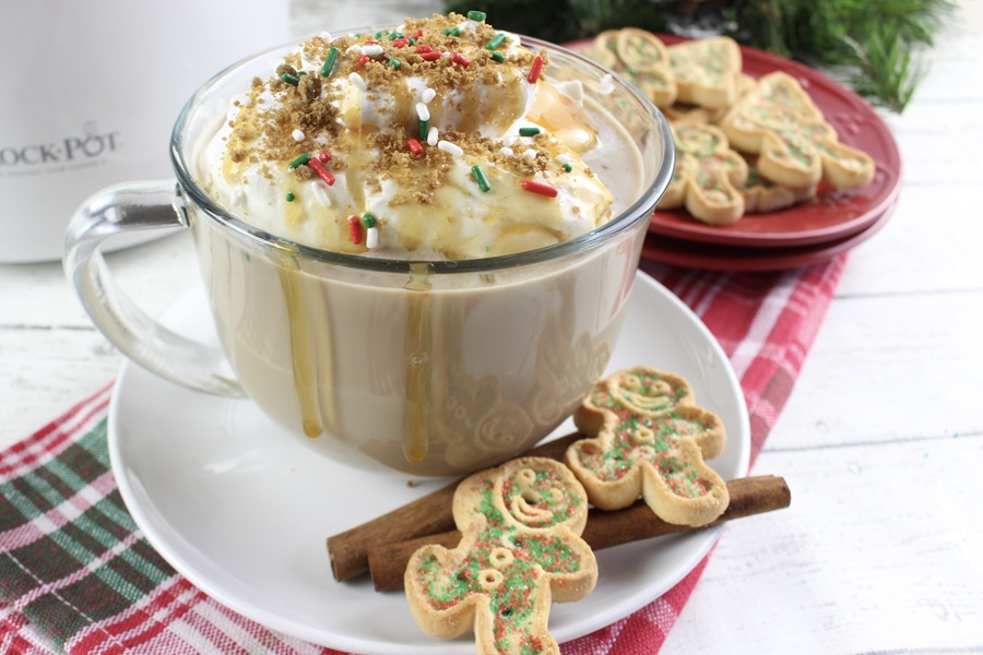 Gingerbread Latte Recipe Close Up of an Overflowing Cup of Latte on a Small Saucer with Two Gingerbread Cookies and Two Cinnamon Sticks