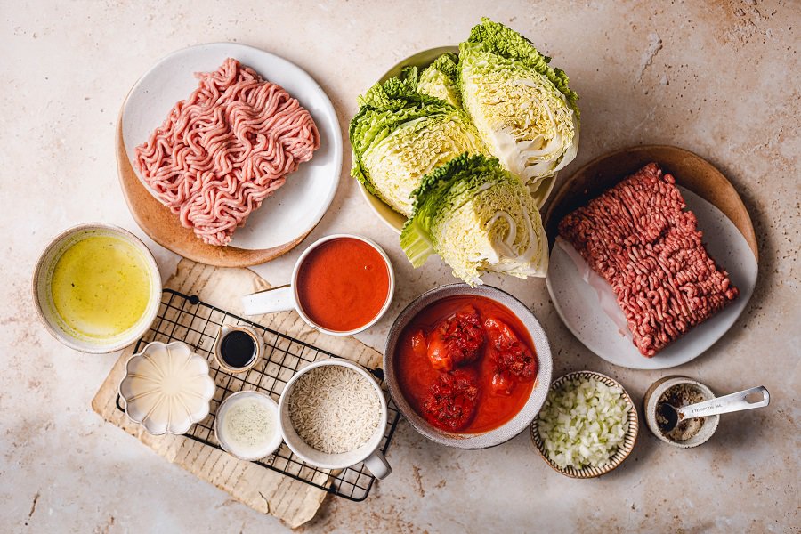 Crockpot Unstuffed Cabbage Rolls Recipe Ingredients Laid Out on a Counter