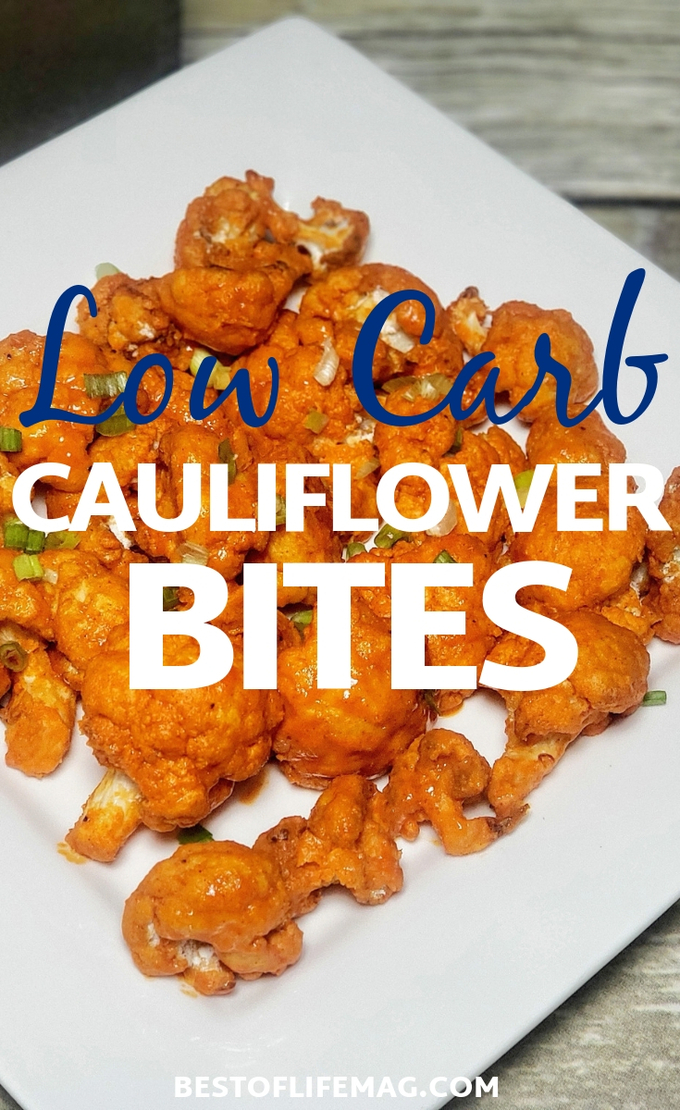 Low carb cauliflower bites are the perfect buffalo wings alternative that make the perfect healthy side dish or meal on their own. Low Carb Ideas | Low Carb Party Ideas | Low Carb Snack Ideas | Keto Ideas | Keto Appetizer Ideas | Healthy Recipes | Game Day Recipes #lowcarb #keto