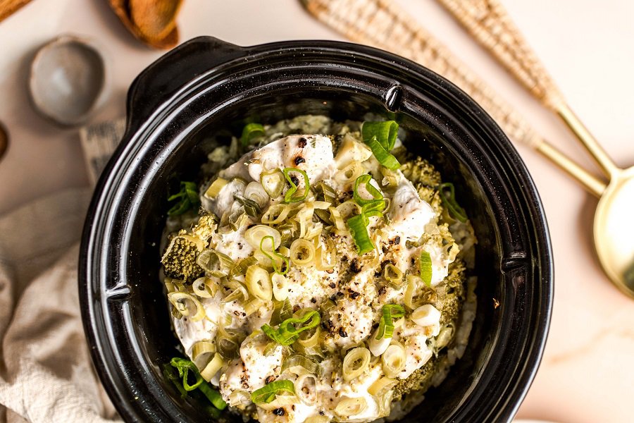 Dairy Free Recipes for Picky Eaters Close Up of a Crockpot Filled with Chicken and Broccoli