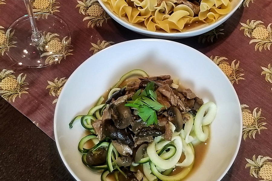 Dairy Free Beef Stroganoff Crockpot Recipes Close Up of a Bowl of Stroganoff Zoodles