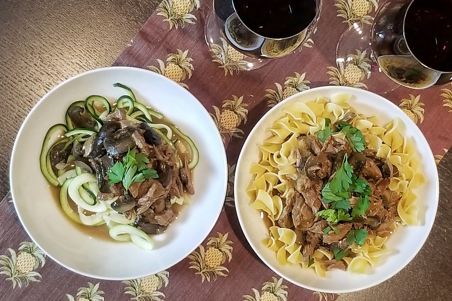 Dairy Free Beef Stroganoff Crockpot Recipes Close Up of Two Bowls of Beef Stroganoff One with Zoodles and One with Noodles