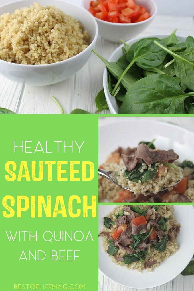 This recipe for sautéed spinach and beef can be served with quinoa or brown rice and allows you to get in a large serving of healthy spinach in the process! The best part is that everyone in the family will love this easy recipe. Beef Recipes |Spinach Recipes | Quinoa Recipes | Healthy Recipes | Dinner Recipes #healthy #recipe