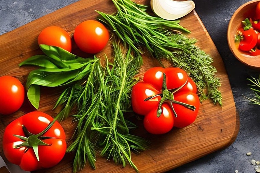 2B Mindset Reviews and Testimonials Over Head View of a Cutting Board with Dill Weed, Tomatoes, and Garlic