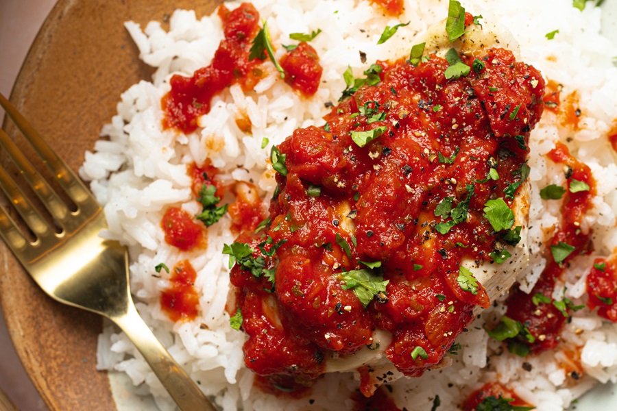 Salsa Chicken and Rice Recipe Close Up of a Plate of Rice with Salsa Chicken 