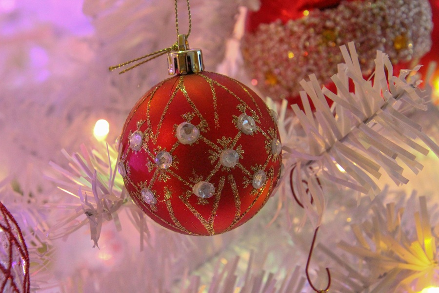 Low-Carb Holiday Recipes Close Up of a Red Ornament on a White Christmas Tree