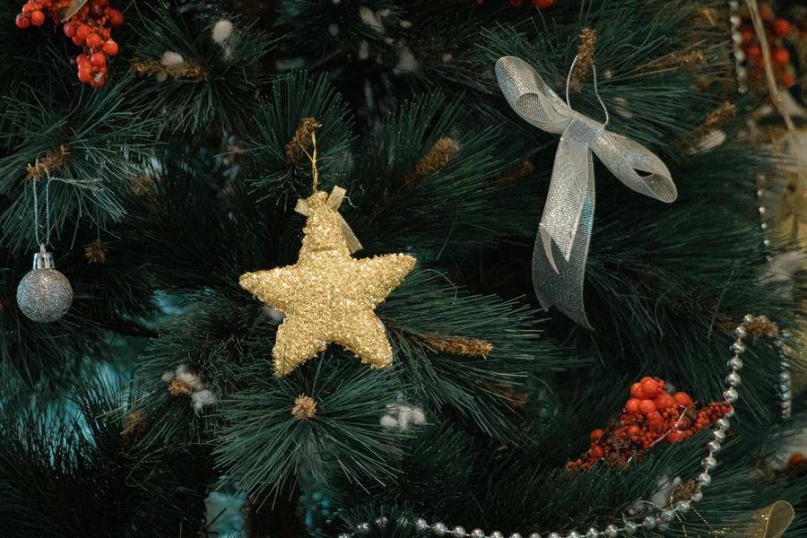 Low-Carb Holiday Recipes Close Up of a Star and a Turtle Dove Ornament on a Christmas Tree