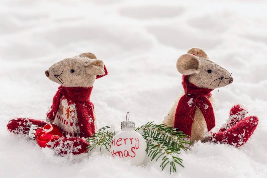 Low-Carb Holiday Recipes Two Small Christmas Mouse Stuffed Animals Wearing Christmas Sweaters Sitting on Snow Next to an Ornament and a Sprig of Pine