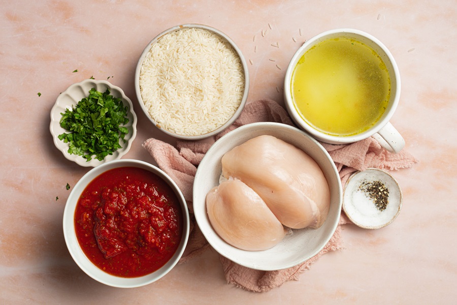 Salsa Chicken and Rice Recipe Overhead View of Ingredients Separated into Bowls