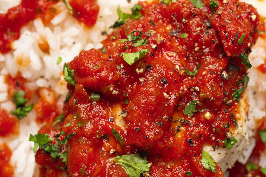 Salsa Chicken and Rice Recipe Close Up of Salsa on Chicken with Cilantro Garnish