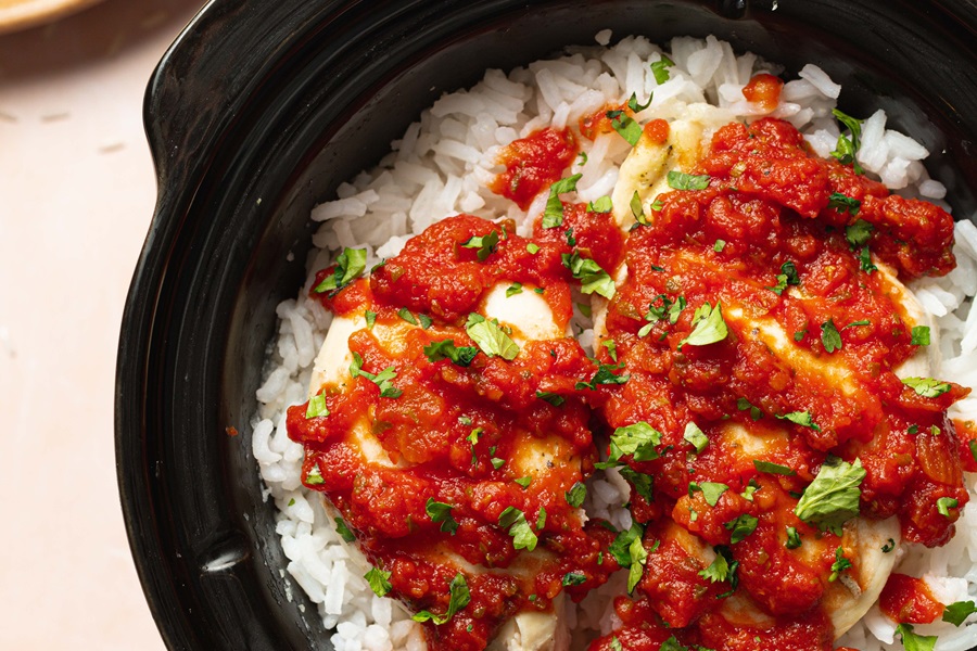 Salsa Chicken and Rice Recipe Close Up of Salsa Chicken in a Crockpot with Rice