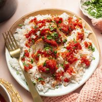 Salsa Chicken and Rice Recipe Overhead View of Salsa Chicken on a Plate with White Rice