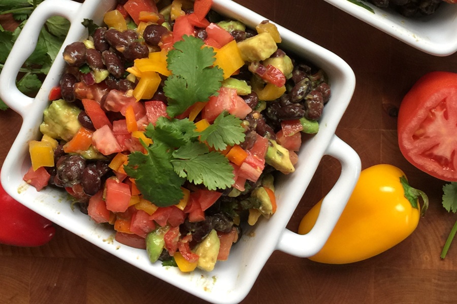 Easy Low Carb Cowboy Caviar Recipe in a Square White Bowl