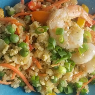 Light Blue Bowl of Low Carb Cauliflower Rice and Shrimp Recipe