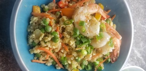 Light Blue Bowl of Low Carb Cauliflower Rice and Shrimp Recipe
