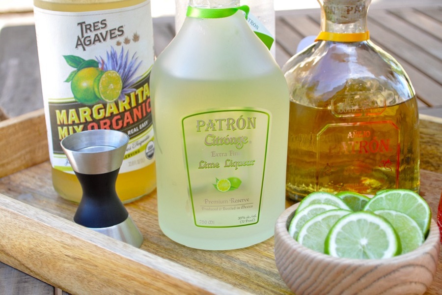 Best Boating Drinks Close Up of a Serving Tray with Bottles of Patron on it and Margarita Mix