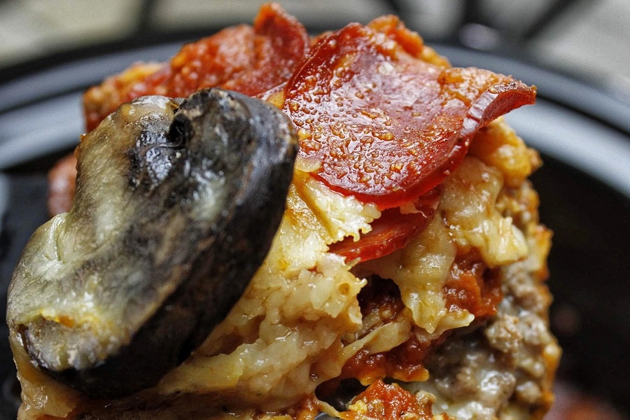 Low Carb Lunch Ideas Close Up of Pizza Casserole with Pepperoni and Mushrooms