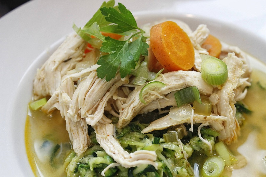 Low Carb Crockpot Chicken and Veggies Soup Close Up of Shredded Chicken with Veggies